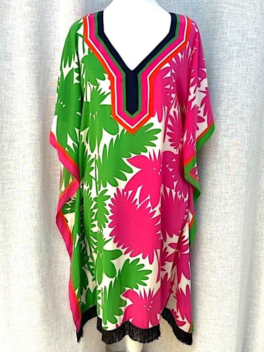 Trina Turk 100% Silk Caftan Fringe Colorful Flowy Dress small